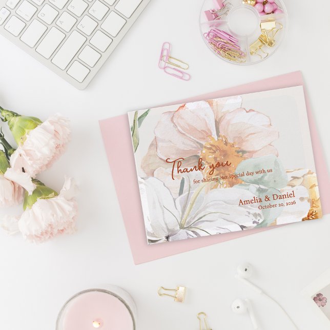 Wedding Thank You Card | Blush Peach Floral Vykort (Floral Wedding Thank You Card | Blush Peach Watercolor Flowers)