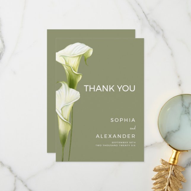 Wedding Thank You Cards "Delicate Calla Lilies" Tack Kort (Fram/Back In Situ)