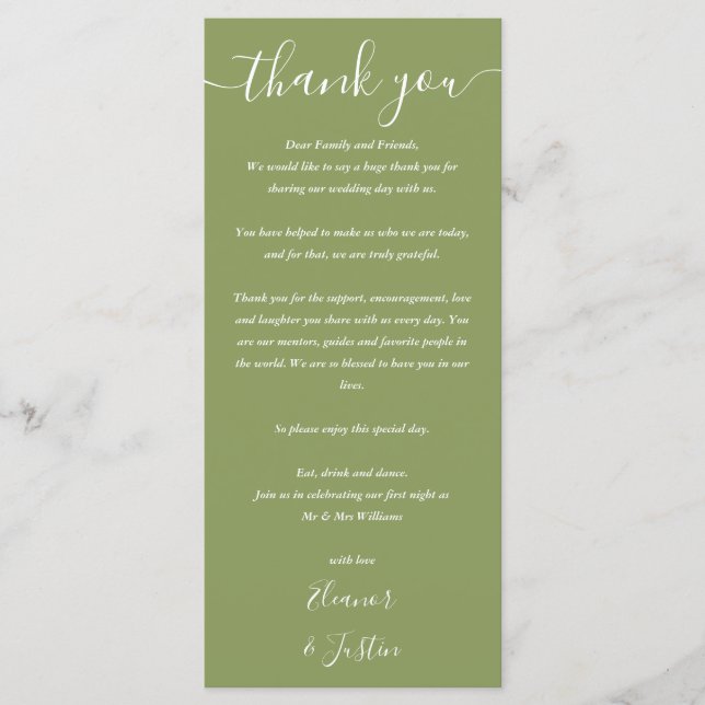 Wedding Thank You Moss Green Place Card Meny (Framsida)