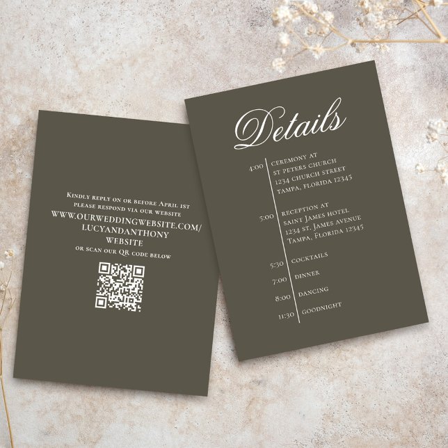 Wedding Timeline Details Simple RSVP Tilläggskort (Simple brown enclosure card with scannable QR code.)