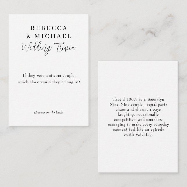 Wedding Trivia Game Modern Script Fun Facts Anteckningskort (Fram/baksida)