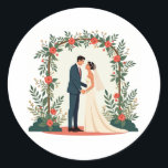Wedding Vow Sticker Runt Klistermärke<br><div class="desc">Elegantly depict a bride and groom exchanging vows beneath a floral arch,  perfect for wedding celebrations and romantic gestures.</div>