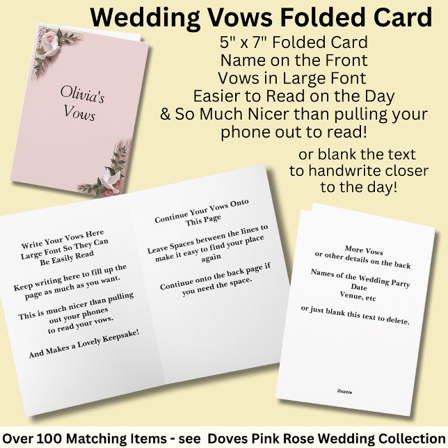 Wedding Vows Folded Card Pink Roses & Doves Kort (Skapare uppladdad)
