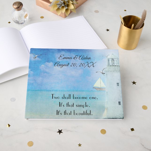 Wedding Watercolor Lighthouse With Seagulls Gästböcker (Framsida Öppen)