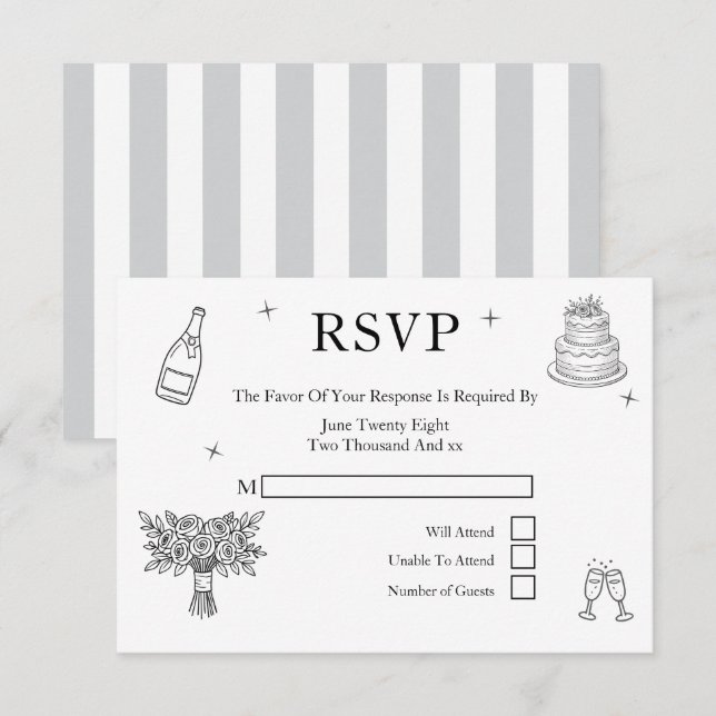 Wedding Whimsical Doodles Grey and White OSA Kort (Fram/baksida)