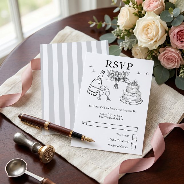 Wedding Whimsical Doodles Grey and White OSA Kort (Wedding Whimsical Doodles Grey and White RSVP Card
by Ricaso. A modern chic response card)
