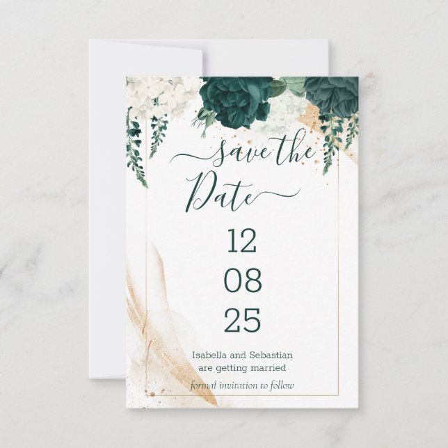 Wedding White Save the Date Emerald Green Spara Datumet (Framsida)