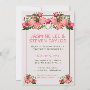 WEDING-INBJUDAN OM rosa OCH BLOMMIGT I FÄRG Inbjudningar