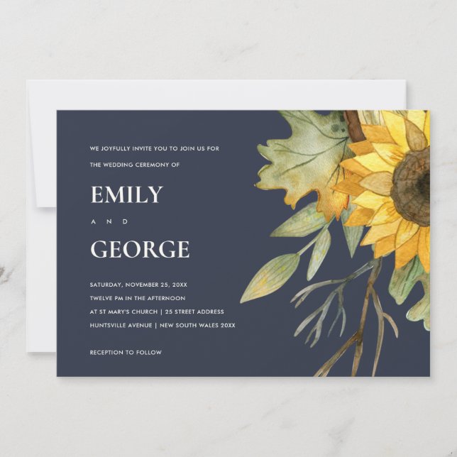 WEDITING INVITE FÖR BLOMMIGT AV NAVY SUNFLOWER VAT TACK KORT (Framsida)