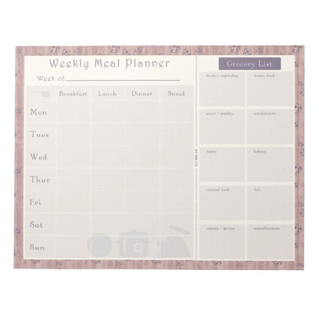 Weekly Meal Planner Mauve Kattunge Anteckningsblock (Framsida)
