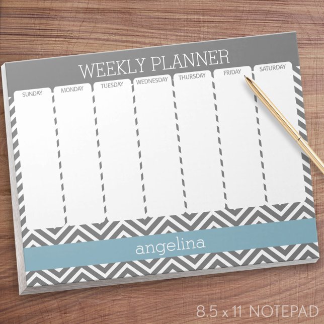 Weekly Planner Robin Egg Blue och Grått Chevrons Anteckningsblock (Weekly Planner Notepad - Personalized)