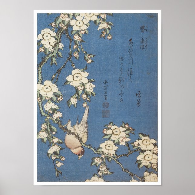 Weeping Cherry and Bullfinch, Hokusai, 1834 Poster (Framsidan)