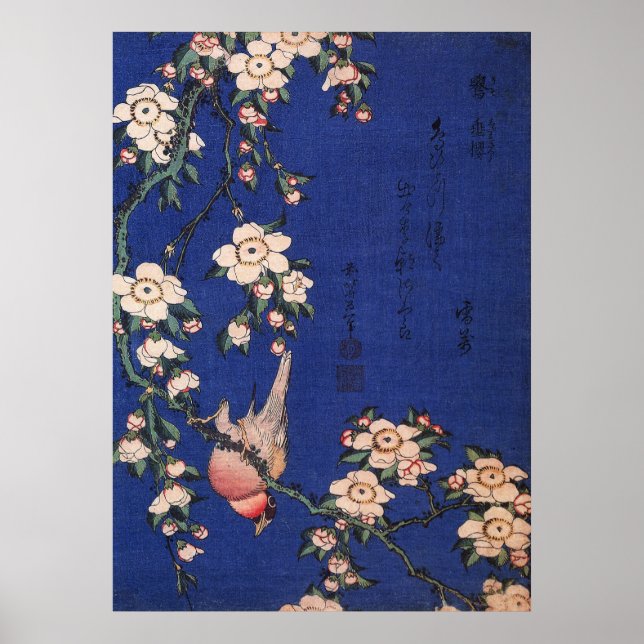 Weeping Cherry and Bullfinch, Hokusai Poster (Framsidan)