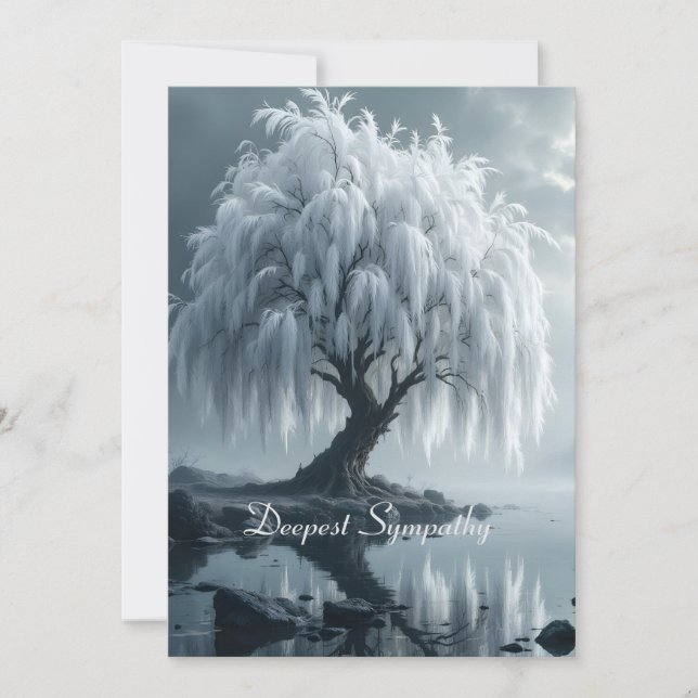 Weeping willow by a pond, black and white card (Framsida)