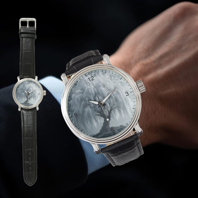 Weeping willow by a pond, black and white, custom  armbandsur (Skapare uppladdad)