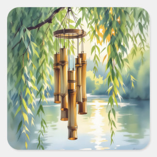 Weeping Willow, Windchimes och Sjö Fyrkantigt Klistermärke