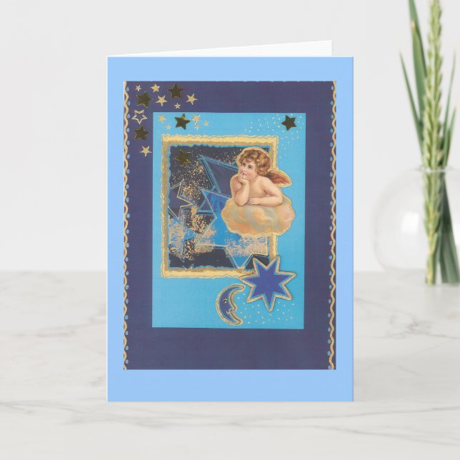 "Weihnachts-Engel auf Wolke in Blau" Helgkort (Framsida)