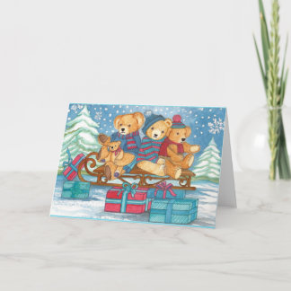 WEIHNACHTS-TEDDYBÄREN AUF SCHLITTEN MIT GESCHENKEN HELGKORT