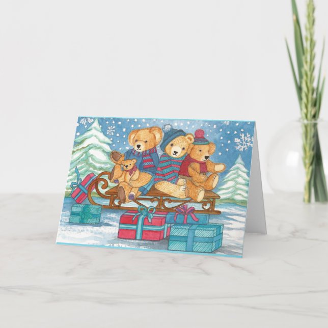WEIHNACHTS-TEDDYBÄREN AUF SCHLITTEN MIT GESCHENKEN HELGKORT (Framsida)