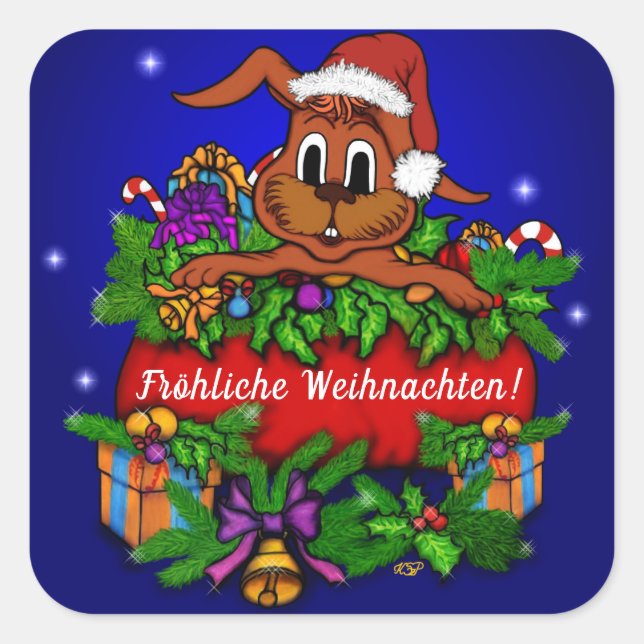 Weihnachtskaninchen, Fröhliche Weihnachten! Fyrkantigt Klistermärke (Framsida)