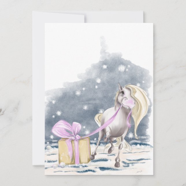 Weihnachtskarte mit Pferd und Weihnachtspacket Julkort (Framsida)