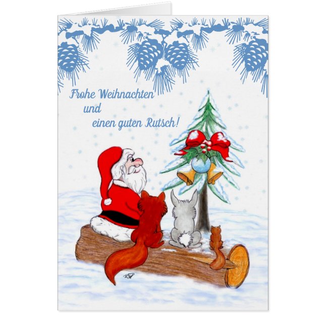 Weihnachtsmann mit Kaninchen Fox und Eichhörnchen Hälsningskort (Framsidan)