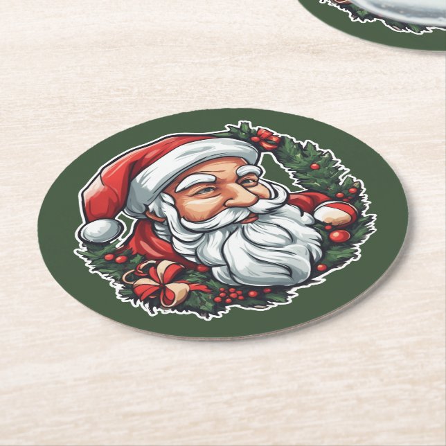 Weihnachtsmannkopf mit Kranz - Underlägg Papper Rund (Vinklad)