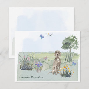 Weimaraner Butterfly Meadow Monogram & Namn Anteckningskort
