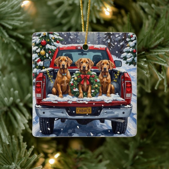 Weimaraner Christmas Red Truck Holiday Julgransprydnad Keramik (Träd)