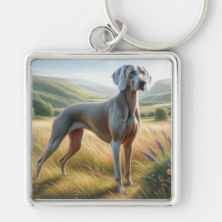 Weimaraner Fyrkantig Silverfärgad Nyckelring