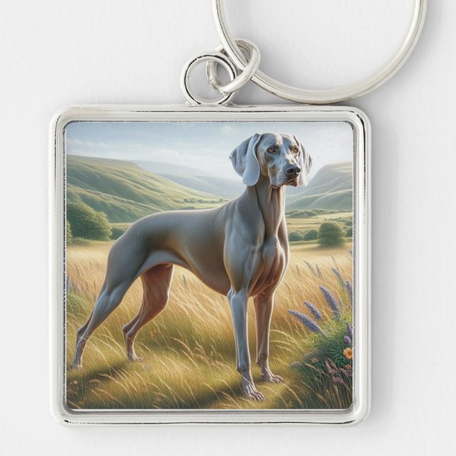 Weimaraner Fyrkantig Silverfärgad Nyckelring (Framsidan)