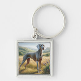 Weimaraner Fyrkantig Silverfärgad Nyckelring
