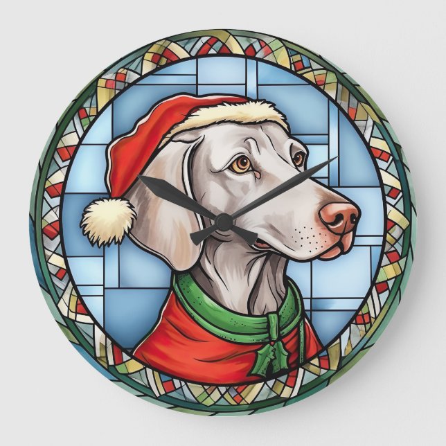 Weimaraner Glas-i-färger Jul Stor Klocka (Framsida)