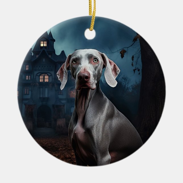 Weimaraner Halloween Scary Julgransprydnad Keramik (Framsidan)