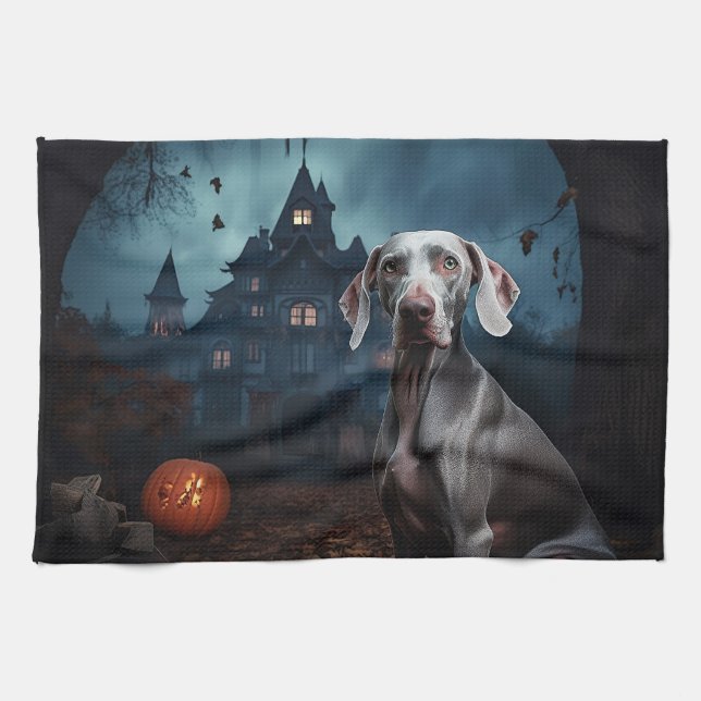 Weimaraner Halloween Skräckinjagande Kökshandduk (Horisontell)
