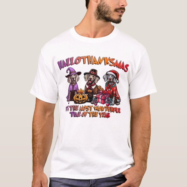 Weimaraner Halloween Thanksgiving Christmas Överdi T Shirt (Framsida)