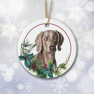 Weimaraner Hund Evergreen Berry Wandeand Julgransprydnad Keramik