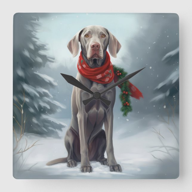 Weimaraner Hund i Snö jul Fyrkantig Klocka (Framsida)