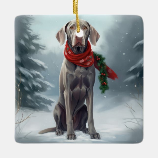 Weimaraner Hund i Snö jul Julgransprydnad Keramik (Framsida)