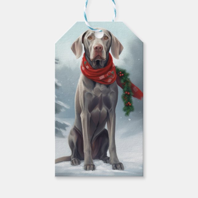 Weimaraner Hund i Snö jul Presentetikett (Framsidan)