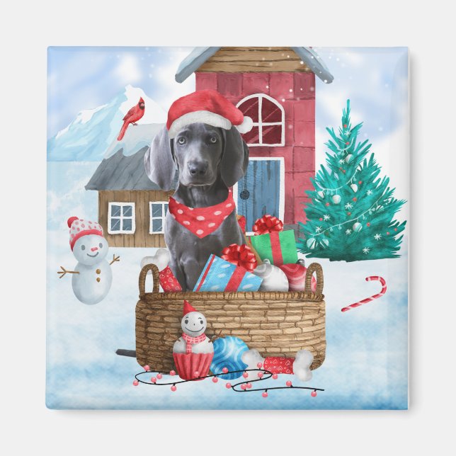 Weimaraner Hund i snö julhus Hund House Magnet (Framsidan)
