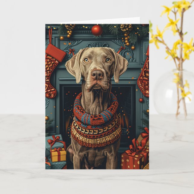 Weimaraner Hund Med Julpresenter Öppen Spis  Kort (Gul blomma)