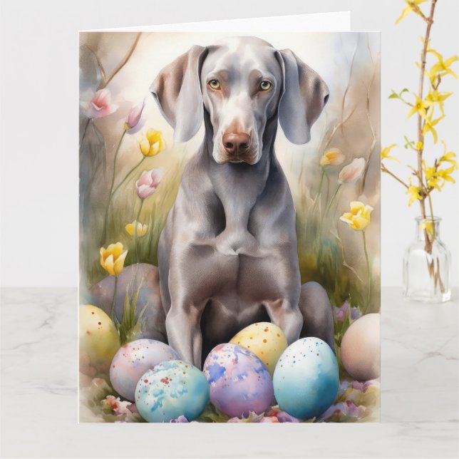 Weimaraner Hund med Påskägg Semester Kort (Gul blomma)