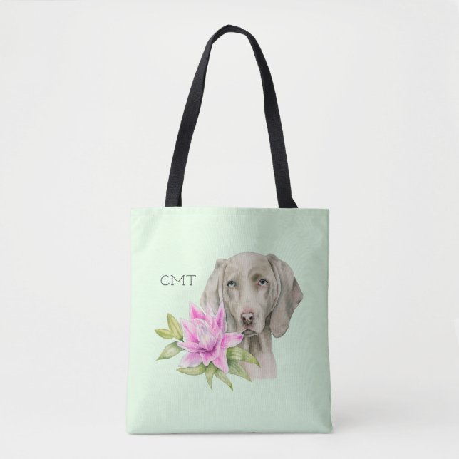 Weimaraner Hund och Lily Watercolor| Monogram Tygkasse (Framsida)