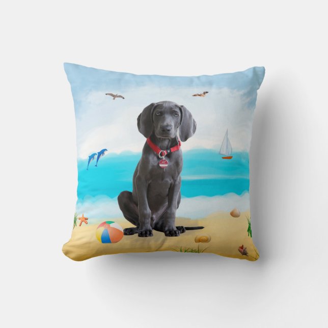 weimaraner Hund på Beach Kudde (Framsida)