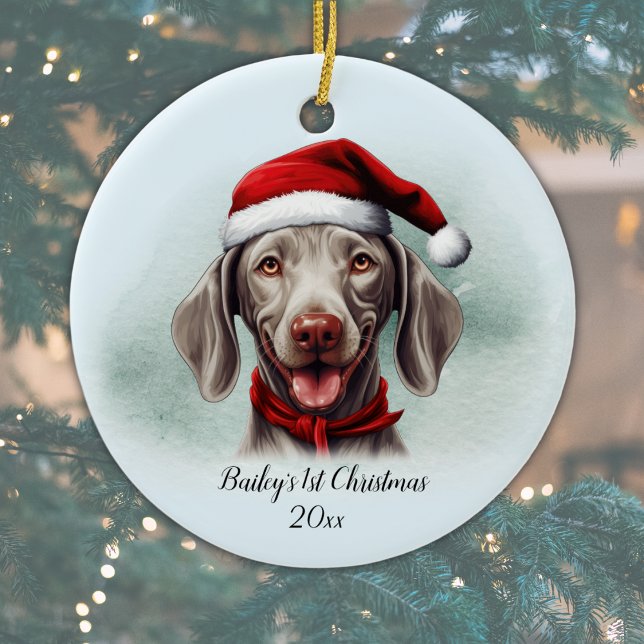Weimaraner Hund Personlig Första jul Julgransprydnad Keramik (Add Dog's Name and Year, or add other text, or delete text if not required.  Happy Pawlidays!)