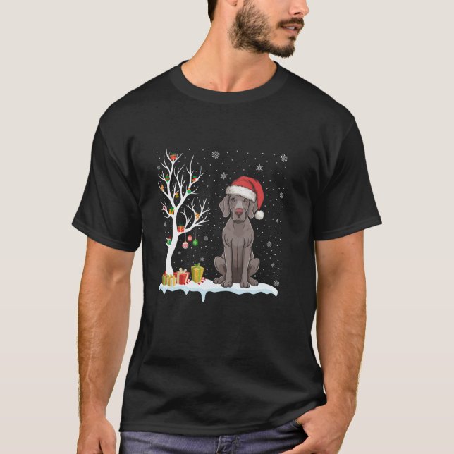 Weimaraner Hund Santa Hat Festive Träd Light Krist T Shirt (Framsida)