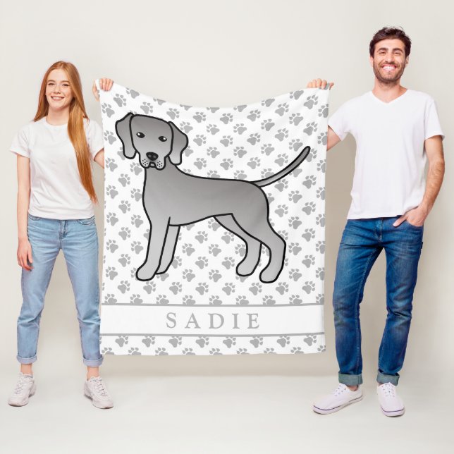 Weimaraner Hund Söt Tecknad Illustration & Namn Fleecefilt (På plats)