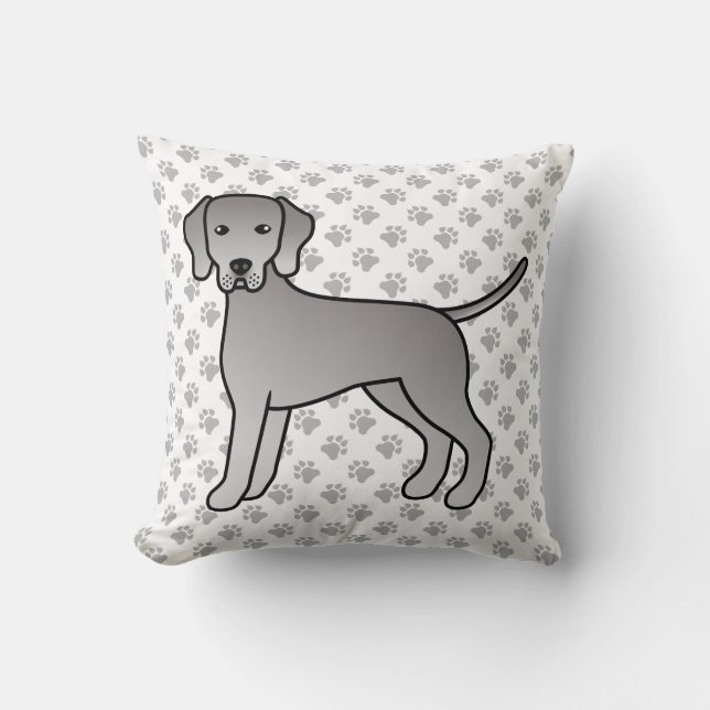 Weimaraner Hund Söt Tecknad Illustration & Tassar Kudde (Framsida)