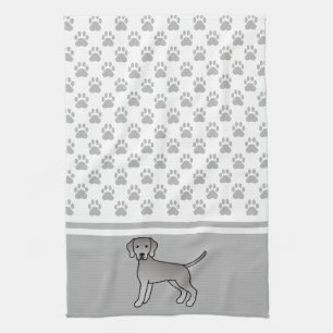 Weimaraner Hund Tecknad Illustration & Tassmönster Kökshandduk